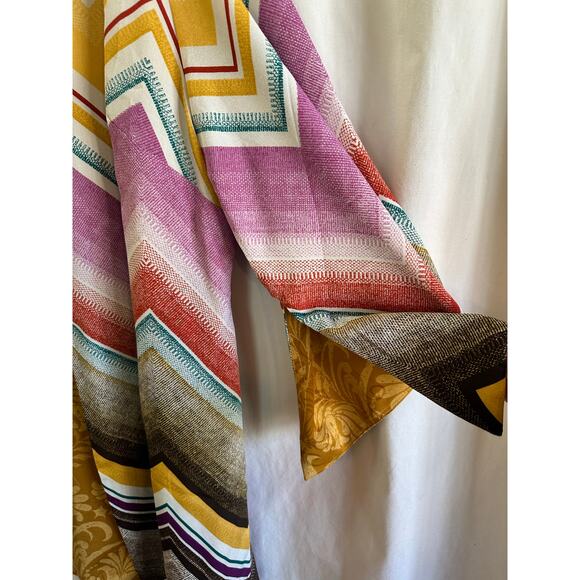 Reversible Boho Kimono Cardigan Mustard Chevron Print Flowy Sleeve Open Front - Picture 5 of 9